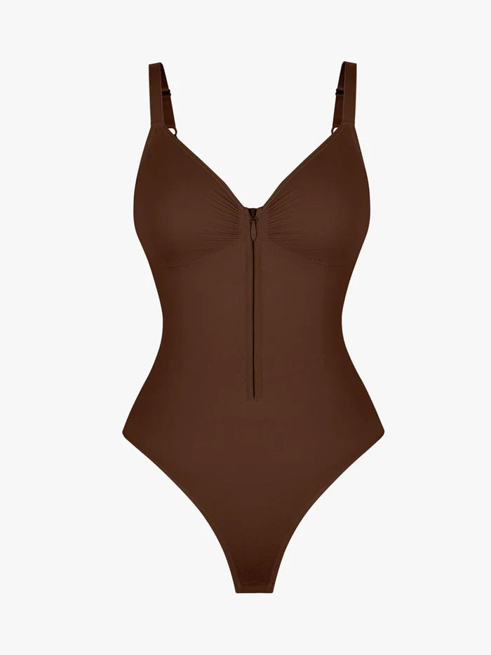 Deep Contour Seamless Thong Bodysuit with Front Zipper