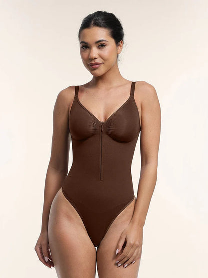 Deep Contour Seamless Thong Bodysuit with Front Zipper